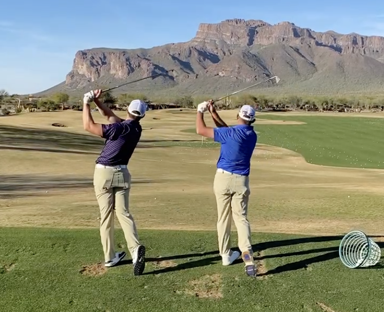 Henry Fall golf swing alongside Milo Lines at Superstition Mountain Golf and Country Club in Gold Canyon, Arizona.