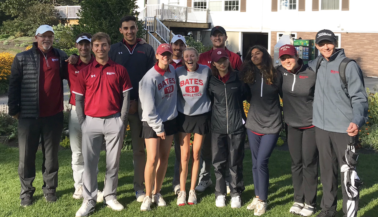 Former Bates College Head Golf Coach, Henry Fall alongside the men's and women's teams in Brunswick, Maine following a college tournament.