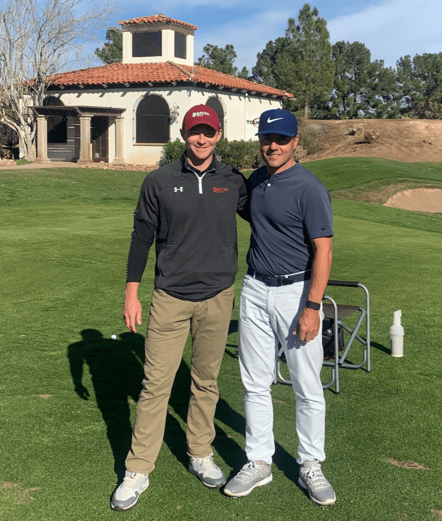 PGA golf coach Henry Fall alongside Martin Chuck at TourStriker Golf Academy at Raven Country Club in Phoenix, Arizona.