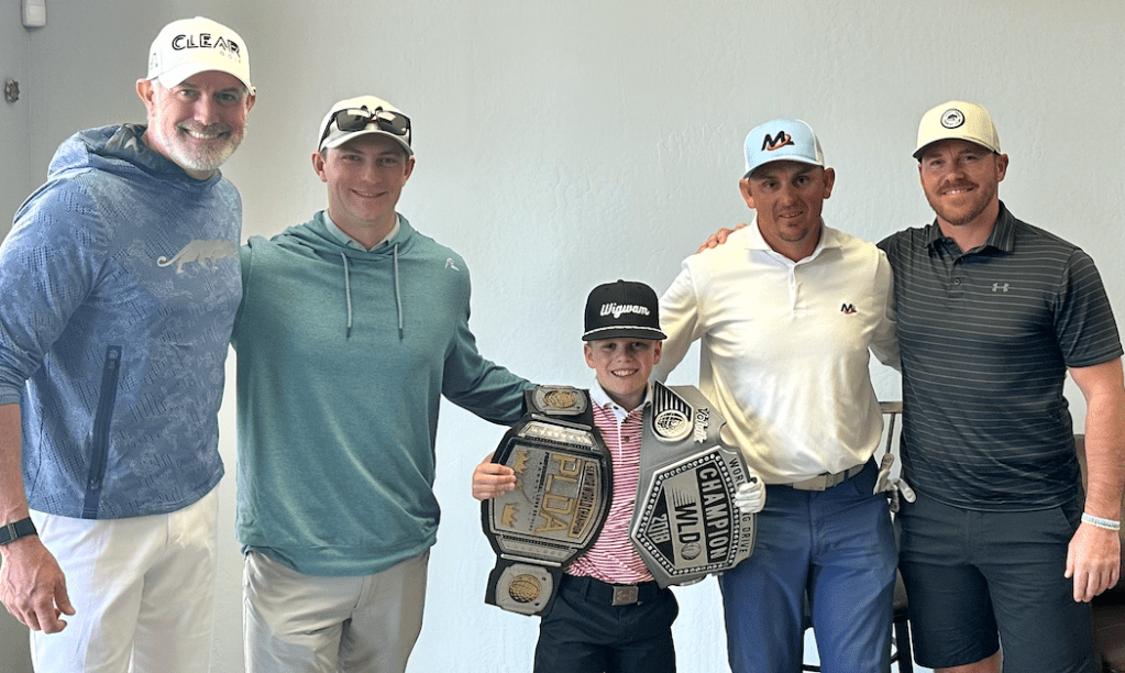 Henry Fall and Milo Lines alongside Eddie "Fast Eddie" Fernandes following a recent speed golf school in Mesa, Arizona.