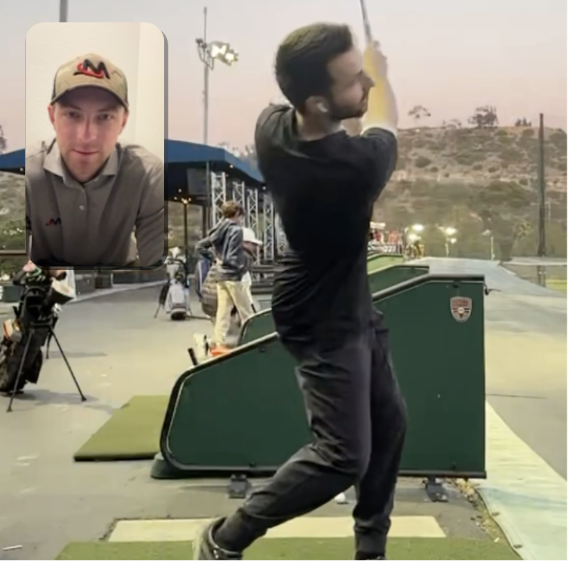 Milo Lines Golf coach, Henry Fall giving an online golf lesson to a student located in San Diego, California on FaceTime, Zoom, or WhatsApp.